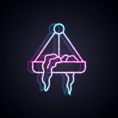 Parlayan neon hattı siyah arka planda izole edilmiş bir saksı simgesine yerleştirilmiş bitki. Çiçek saksısı için el yapımı dekoratif makrome askılar, kapalı alandaki bitkiler. Vektör.