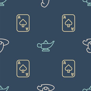 Cadı şapkası, iskambil kâğıdı ve sihirli lamba ya da Aladdin 'i kusursuz desenlere göre ayarla. Vektör