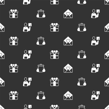 Zarfı sevgililer günü kalbiyle, öğretmeniyle, hediye kutusuyla ve çöp kutusuyla kusursuz desenlere ayarlayın. Vektör