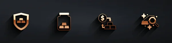Set Gold Bars Shield Exchange Money Icon Long Shadow Vector — Vector de stock