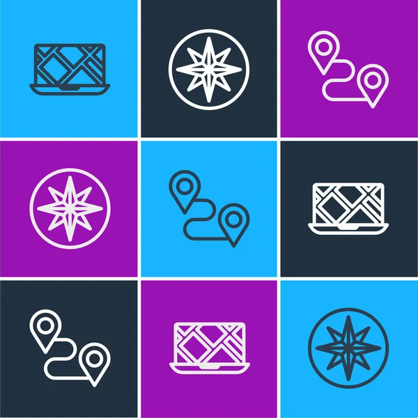 Set Line City Map Navigation Route Location Wind Rose Icon — 스톡 벡터