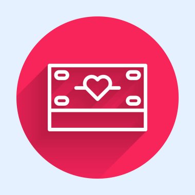 Beyaz çizgi bağışı ve yardım ikonu uzun gölgeli. Para ve bağış konsepti. Kırmızı daire düğmesi. Vektör.