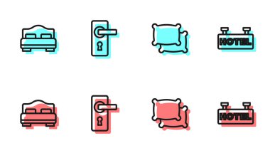 Yastığı ayarla, otel odası yatağı, kapı kolu ve metin ikonlu pano. Vektör