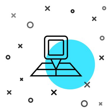 Siyah çizgi haritası beyaz arkaplanda izole edilmiş konum simgesi simgesi ile birlikte. Rastgele dinamik şekiller. Vektör