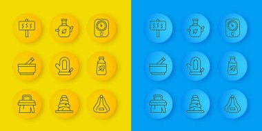 Sauna fırçası, havan topu ve tokmak, eldiven, şapka, temel yağ şişesi, termometre ve yaprak ikonlu demlik. Vektör