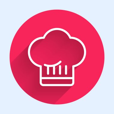 Beyaz çizgi Şefi şapkası simgesi uzun gölge arkaplanı ile izole edildi. Aşçılık sembolü. Aşçı şapkası. Kırmızı daire düğmesi. Vektör