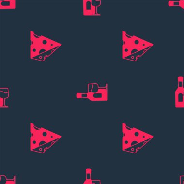 Peynir ve şarap şişesini kusursuz desenli cam ile hazırla. Vektör