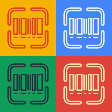 Pop sanat çizgisi tarayıcısı renk arkaplanında barkod simgesini tarıyor. Barkod etiketi. Parmaklıklı teslimat için kimlik. Vektör.