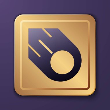 Mor Kuyrukluyıldız, mor arka planda izole edilmiş bir şekilde hızla düşüyor. Altın kare düğme. Vektör.