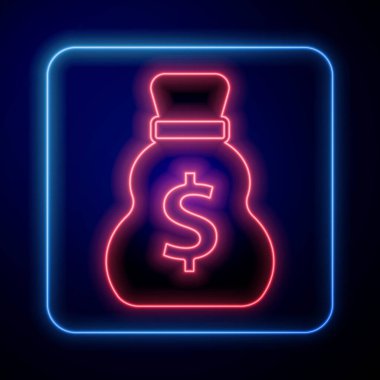 Parlayan neon rengi eski para çantası simgesi siyah arka planda izole edildi. Nakit bankacılık tabelası. Vektör.