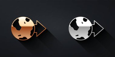 Dünya ikonundaki altın ve gümüş konum siyah arka planda izole edildi. Dünya ya da Dünya işareti. Uzun gölge tarzı. Vektör.