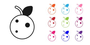 Beyaz zemin üzerinde yaprak simgesi olan siyah şeftali ya da nektarin. Simgeleri renklendirin. Vektör.