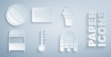 Meteoroloji termometresi dondurmasını güneşlik vize damgası ve plaj topu ikonu olan waffle külahına koyun. Vektör.