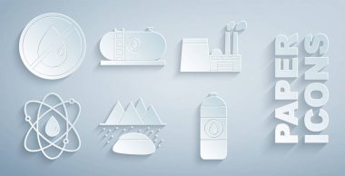 Petrol sanayi fabrikası Atom Tüpü 'nü motor yağı için ayarla ve damla simgesi bırakma. Vektör.