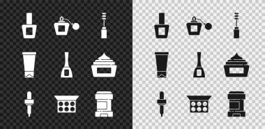 Çivi cilası şişesi Parfüm Mascara fırçası Pipette makyaj tozunu ayna terletici deodorant rulo krem losyon ve ikon ile ayarla. Vektör.