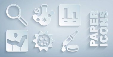 Virüs grafiği grafiğini, Pipette İlaç hapı ve büyüteç simgesini ayarla. Vektör.