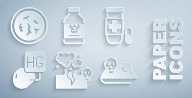 Zehirli gaz bulutu ya da duman panzehir damla cıva deneysel fare zehri hapı ve bakteri ikonuyla Petri kabını hazırlayın. Vektör.