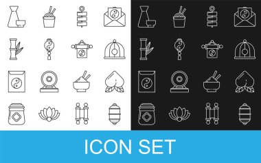 Çin kağıt feneri, şeftali meyvesi, şapka, havai fişek, Yin Yang, Bambu, çay seremonisi ve ikon. Vektör