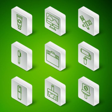 Hat spreyi başlığı, boya fırçası, paletli tüp, grafiksel tablet, kalem, bilgisayar monitörü, kalem ve silindir simgesini düzenleyebilir. Vektör