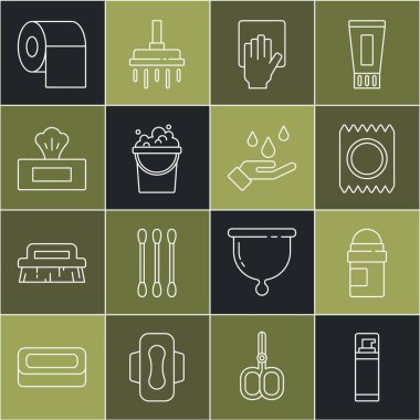 Tıraş köpüğü, terleme önleyici deodorant, prezervatif paketi güvenli seks, temizlik servisi, sabun köpüklü kova, ıslak mendil, tuvalet kağıdı ve el yıkama ikonu. Vektör