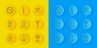 Rafting teknesi, uyku tulumu, konum, pusula, çatal sosis, raket ve bıçak ikonu. Vektör