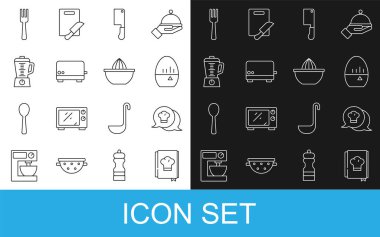 Hattı ayarla, Şef şapkası konuşma balonunda, mutfak zamanlayıcısı, et helikopteri, tost makinesi, blender, çatal ve meyve sıkacağı ikonu. Vektör