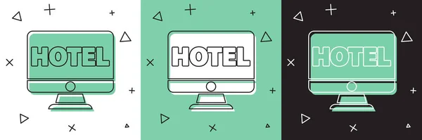 Set Online Hotel Booking Icon Isolated White Green Black Background — Stok Vektör