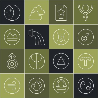 Set line Cancer zodiac, Aries, Mars symbol, Star constellation, Aquarius, Earth element, Eclipse of the sun and Symbol Uranus icon. Vector