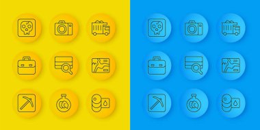 Çizgi çizgisi kazma, evrak çantası, toprak analizi, fıçı, Topografik harita, Arkeoloji, maden boşaltma kamyonu ve fotoğraf makinesi ikonu. Vektör