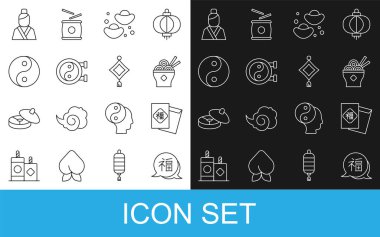 Çin Yeni Yılı, Asya erişte kasesi, fal kurabiyesi, Yin Yang sembolü, kadın ve kağıt fener ikonu. Vektör