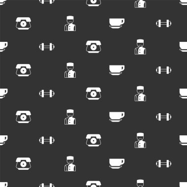 Kahve fincanını, Dumbbell 'ı, telefon ahizesini ve kapıcıyı kusursuz bir şablona ayarla. Vektör