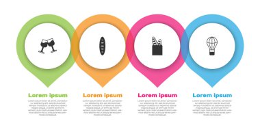 Şarap kadehi, Fransız ekmeği ve sıcak hava balonu. Ticari bilgi şablonu. Vektör