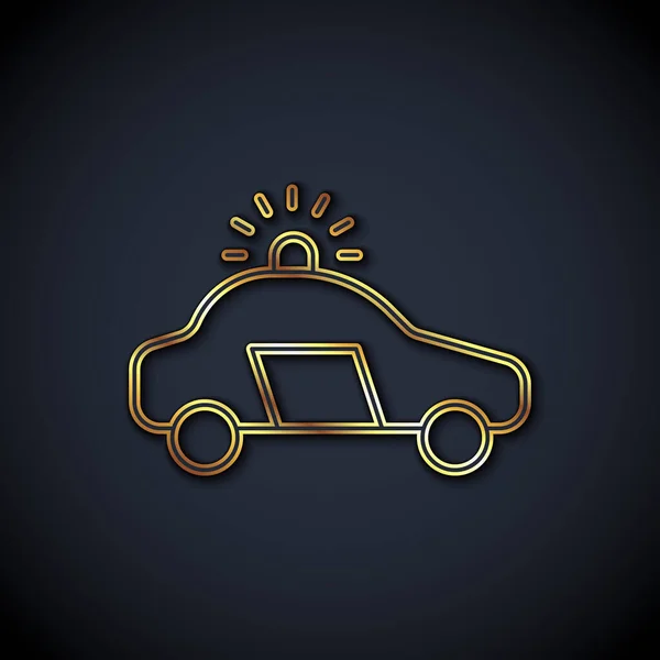 Gold Line Police Car Police Flasher Icon Isolated Black Background — Vetor de Stock