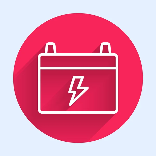 White Line Car Battery Icon Isolated Long Shadow Background Accumulator — Wektor stockowy