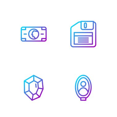 Müzede portre resmi, mücevher taşı, kağıt para yığını ve disket. Renk simgeleri. Vektör