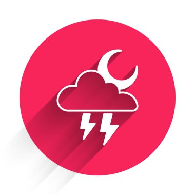 Beyaz Fırtına simgesi uzun gölgelerle izole edilmiş. Şimşek ve ay işareti olan bir bulut. Fırtınanın hava durumu ikonu. Kırmızı daire düğmesi. Vektör.