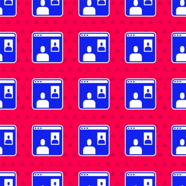 Mavi görüntülü sohbet konferansı simgesi kırmızı arkaplanda izole edilmiş pürüzsüz desen. Ekranda görüntülü sohbet arayüzü olan bilgisayar. Vektör.