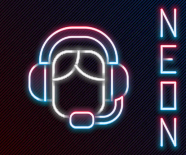 Siyah arka planda izole edilmiş, kulaklık simgesi olan parlak neon çizgili kadın. Destek operatörü hatta. Çağrı merkezi konsepti, müşteri destek servisi. Renkli taslak konsepti. Vektör