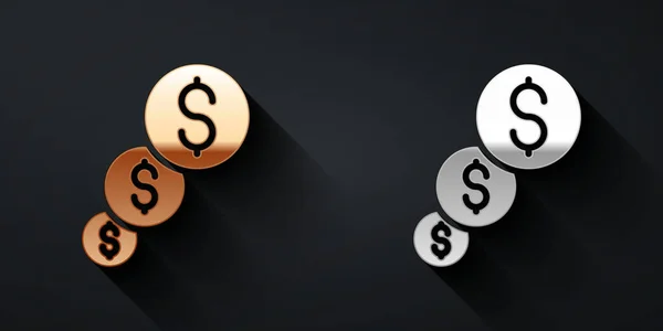 金银财宝金融增长和美元硬币图标孤立在黑色背景 增加收入 长影子风格 — 图库矢量图片
