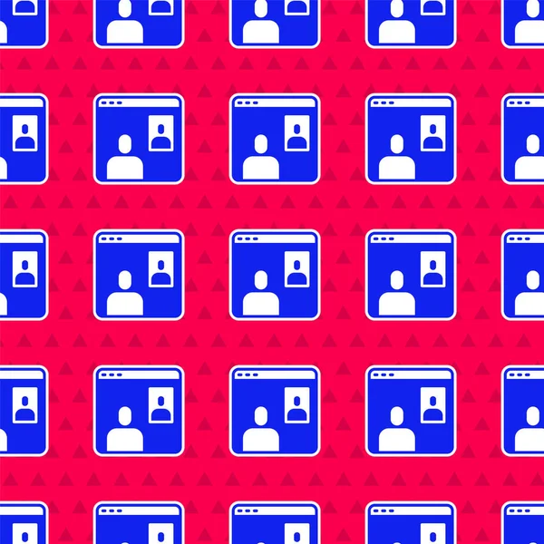 Mavi görüntülü sohbet konferansı simgesi kırmızı arkaplanda izole edilmiş pürüzsüz desen. Ekranda görüntülü sohbet arayüzü olan bilgisayar. Vektör.