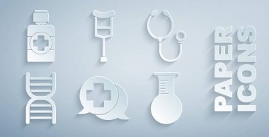 Doktorla diyaloğu ayarla, steteskop, DNA sembolü, test tüpü ve matara, koltuk değnekleri ve ilaç şurubu şişesi ikonu. Vektör