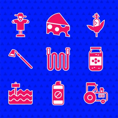 Bahçe hortumu, gübre spreyi, traktör, bal kavanozu, yatak, çapa, mısır ve korkuluk ikonu. Vektör