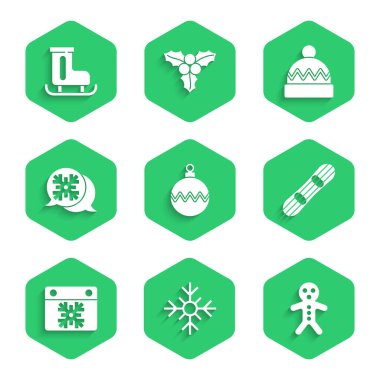 Noel balosu, Kartanesi, Noel kurabiyesi, zencefilli kurabiye, Snowboard, takvim, konuşma balonu, kış şapkası ve figür pateni ikonu. Vektör