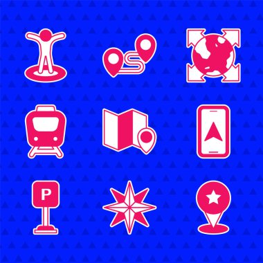 Katlanmış haritayı konum belirleyicisi, Rüzgar gülü, harita işaretleyici yıldız, şehir navigasyonu, park yeri, tren, dünya küresi pusula ve konum kişi simgesi ile ayarla. Vektör