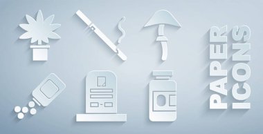 Tombstone 'u RIP yazılı olarak ayarla, Psilocybin mantarı, ilaç şişesi ve haplar, sigara ve marihuana veya esrar bitkisi ikonu. Vektör