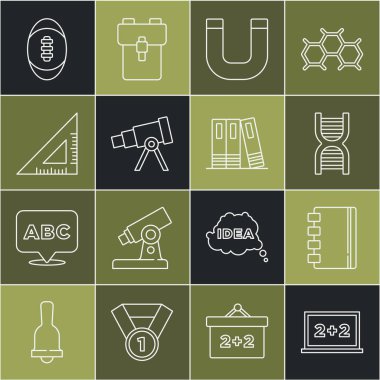 Set line Chalkboard, Spiral notebook, DNA symbol, Magnet, Telescope, Triangular ruler, American Football ball and Office folders icon. Vector