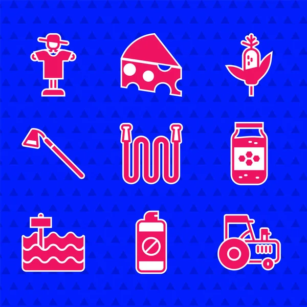 Bahçe hortumu, gübre spreyi, traktör, bal kavanozu, yatak, çapa, mısır ve korkuluk ikonu. Vektör