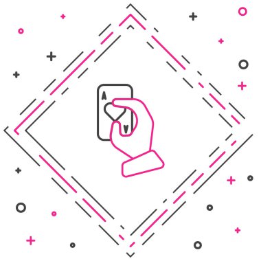 Çizgi El, beyaz arkaplanda iskambil kâğıdı simgesi tutuyor. Kumarhane oyun tasarımı. Renkli taslak konsepti. Vektör İllüstrasyonu