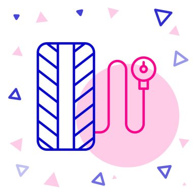 Beyaz arkaplanda çizgi lastiği basınç göstergesi simgesi izole edildi. Lastik basıncını kontrol ediyorum. Gösterge, manometre. Araba emniyeti kavramı. Renkli taslak konsepti. Vektör