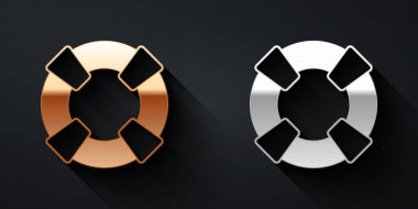 Siyah arkaplanda altın ve gümüş renkli Lifebuoy simgesi var. Can simidi sembolü. Uzun gölge tarzı. Vektör